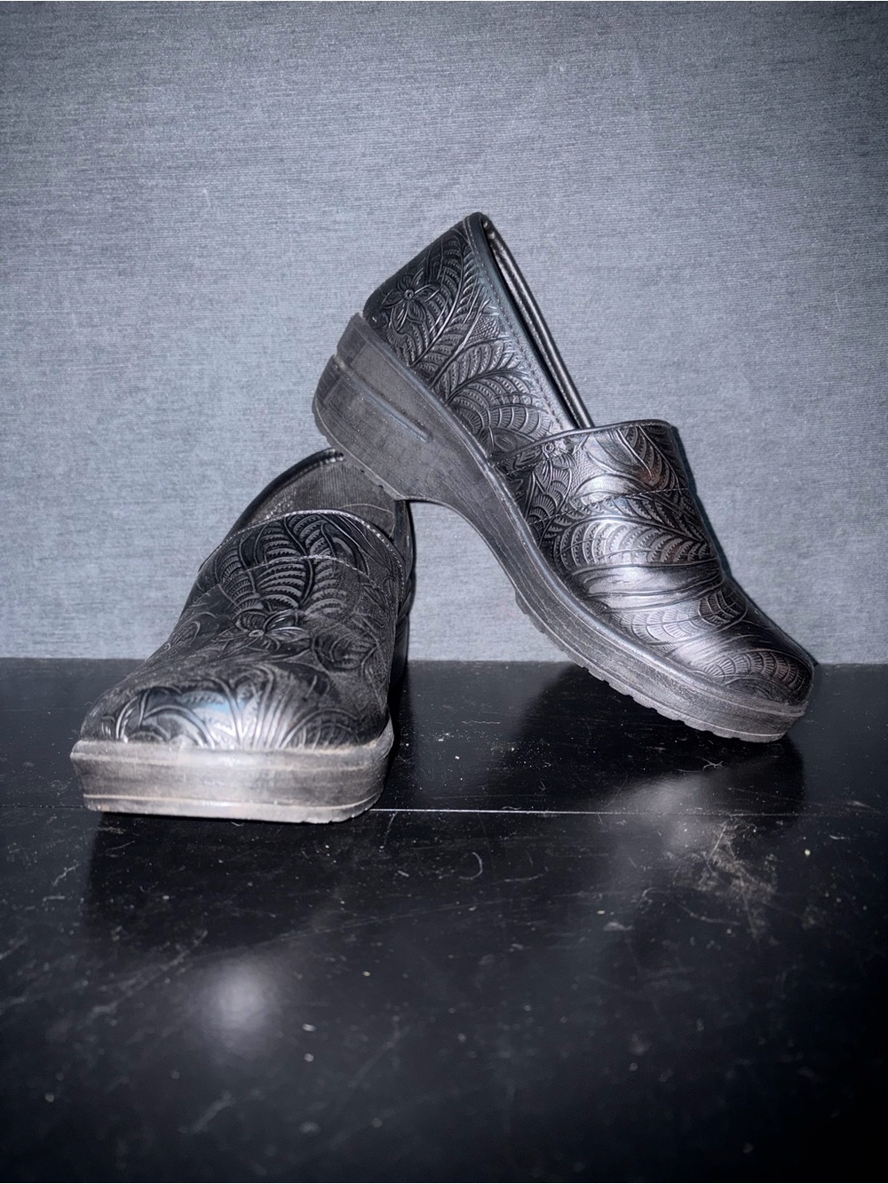 Black Embossed Women’s Comfort Mules